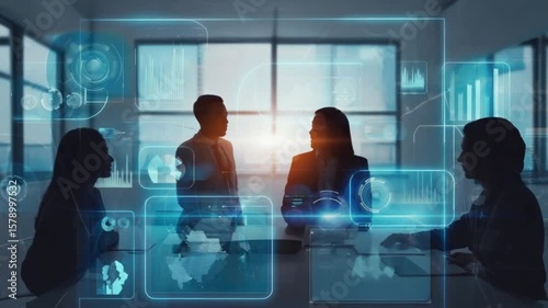 silhouette of business meeting with digital interface provides a modern collaboration scene with global team members sharing data and analytics for strategic planning.