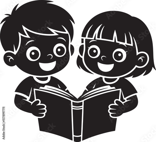 Kids Reading Book Silhouette, Boy And Girl Smiling with Open Book. Education, Learning, Friendship, and Childhood Vector for Schools And Libraries.
