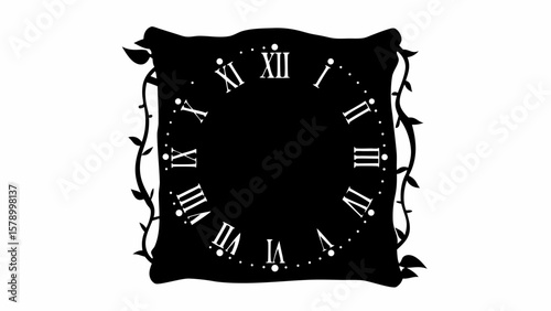 Illustration of a square clock face with roman numerals and a decorative border of vines and leaves design