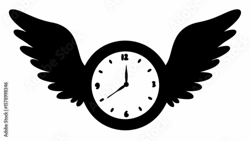 Illustration of a clock with wings on each side in black and white simple design showing time passing