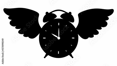 Silhouette of an alarm clock with wings attached to the sides, set against a white background design