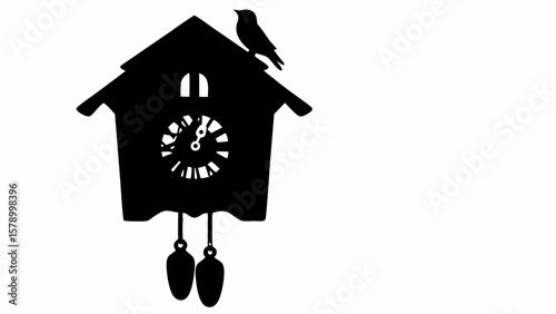 Silhouette of a cuckoo clock with a bird perched on top and pendulum weights hanging below the clock face
