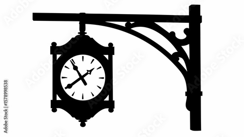 Silhouette of an ornate street clock with roman numerals and decorative wrought iron bracket design element