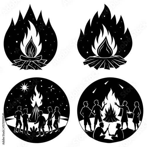 Four black and white circular illustrations of campfires and people around campfires at night time scenes