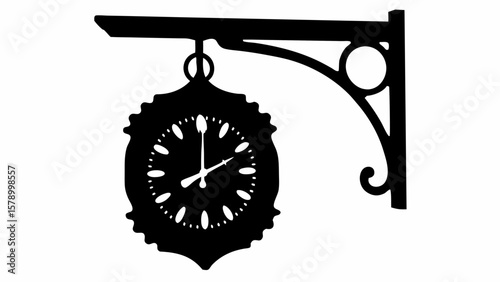 Illustration of a black vintage style clock hanging from an ornate bracket against white background space