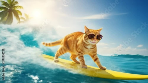 An orange tabby cat with sunglasses is surfing on a yellow surfboard in a tropical ocean.