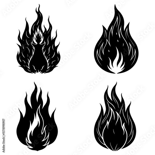 Four black and white flame illustrations with varying shapes and intensities on a white background