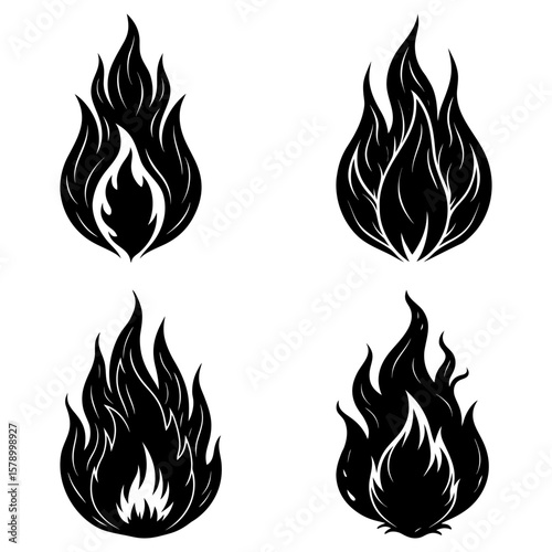 Four stylized black and white flame illustrations with varying shapes and intensities displayed on white