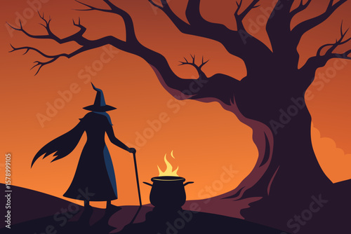 Witch Stirring Cauldron Under Tree