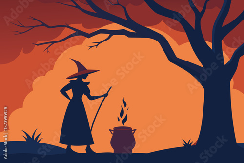 Witch Stirring Cauldron Under Tree