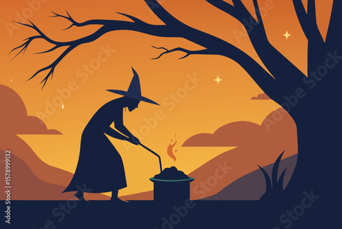 Witch Stirring Cauldron Under Tree
