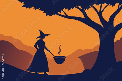 Witch Stirring Cauldron Under Tree