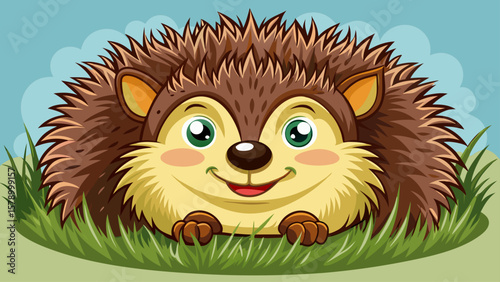 A grinning hedgehog lies belly-up in soft grass, tiny legs up. Its spiky body contrasts with its sweet expression, creating a quirky, lovable cartoon character without distraction.
