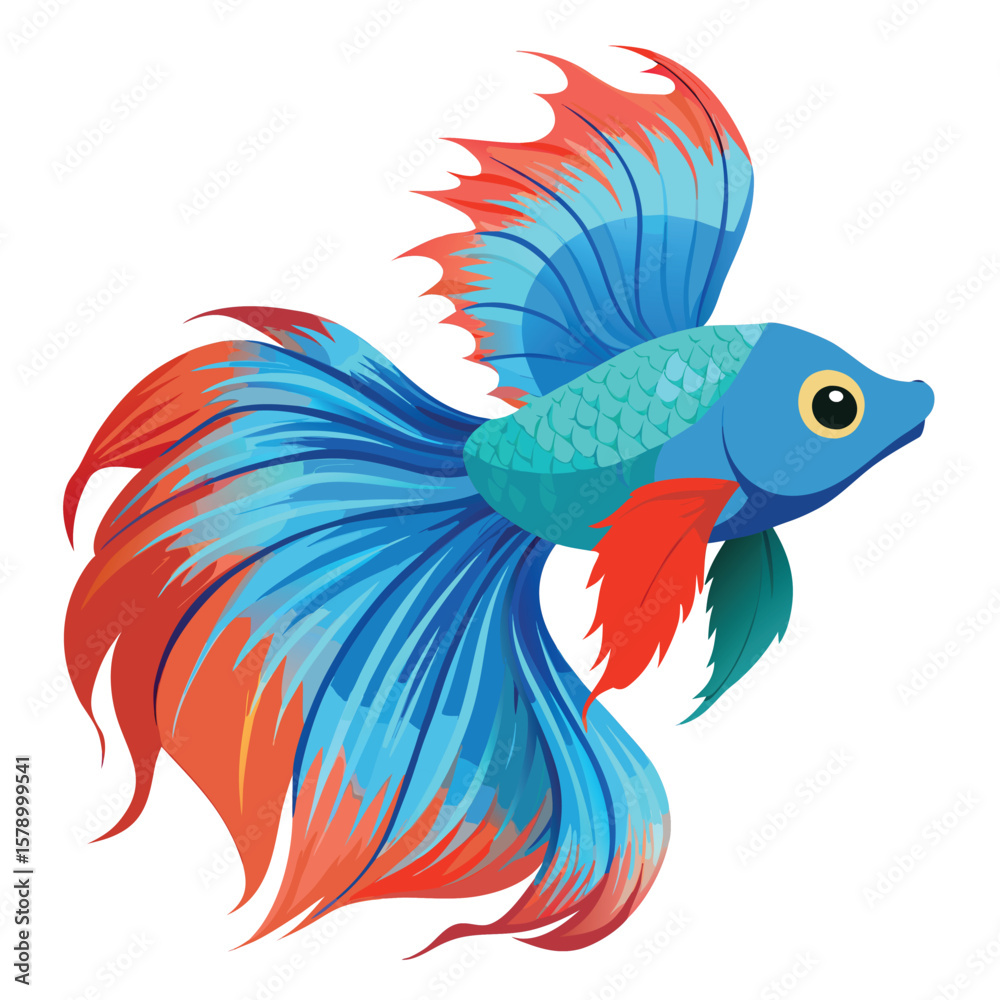 Naklejka premium A beautiful betta fish with a wide, colorful, fanned tail fin spread out, isolated on a white background.