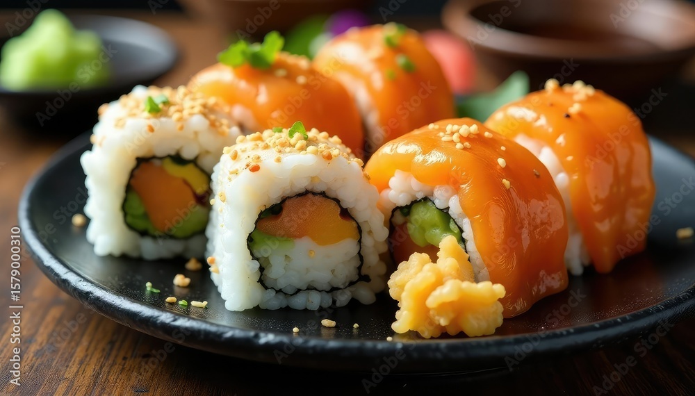 Colorful sushi platter, various rolls, wasabi, ginger , cuisine, clean, asian Colorful sushi platter, various rolls, wasabi, ginger , cuisine, clean, asian