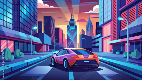 19   Self Driving Car On Futuristic City Streets  Illustration Concept