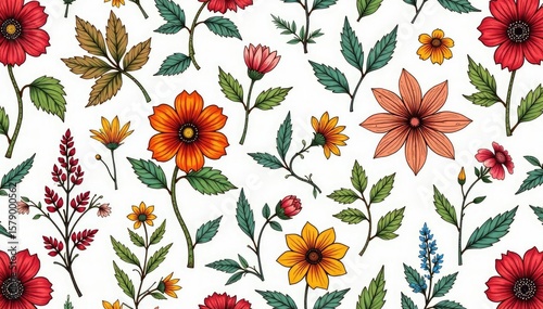 Intricate line art floral pattern, small blooms & vines, continuous repeat, vector, sketch, botanical