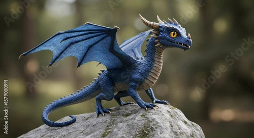 A majestic blue dragon figurine with detailed scales and golden horns stands perched on a mossy rock in a lush, green forest setting.