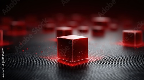 Digital red tech background featuring holographic interfaces and translucent data grids