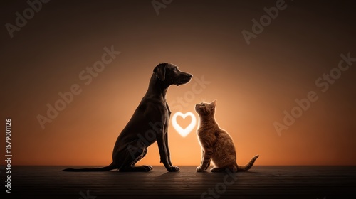 Dog and cat silhouette with paws touching, forming a heart shape on a gradient background
