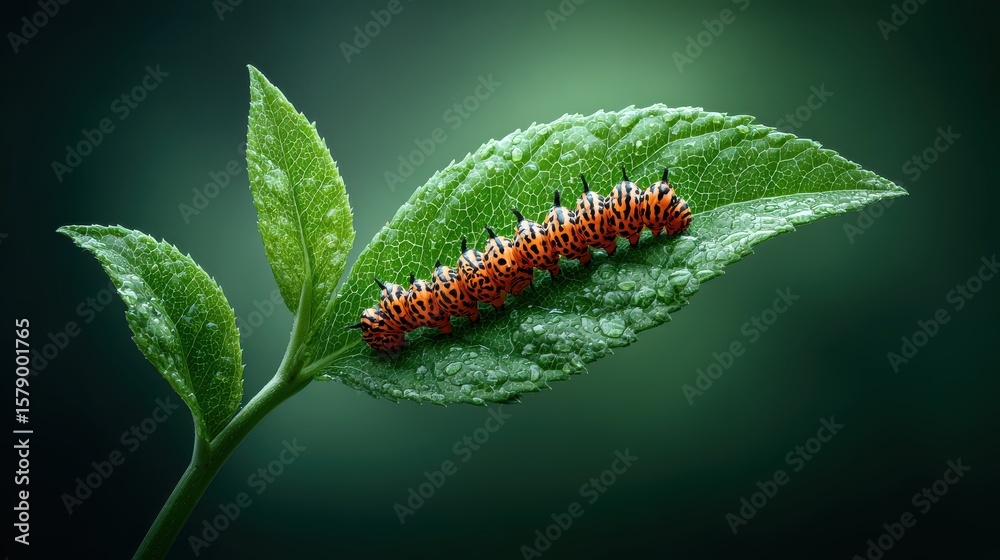 Fototapeta premium Group of caterpillars feeding on a green leaf, natural habitat and ecological balance theme with room for overlay
