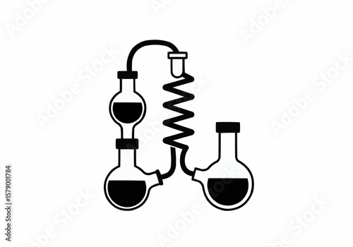 Illustration of laboratory glassware setup with connecting tubes and liquid in black and white style
