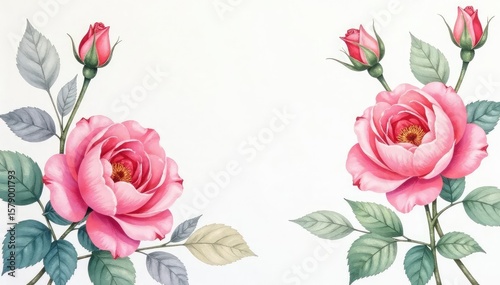Delicate watercolor roses, leaves, and buds in pastel hues , pattern, romantic