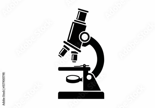 Illustration of a black microscope with lenses and base for scientific observation and analysis