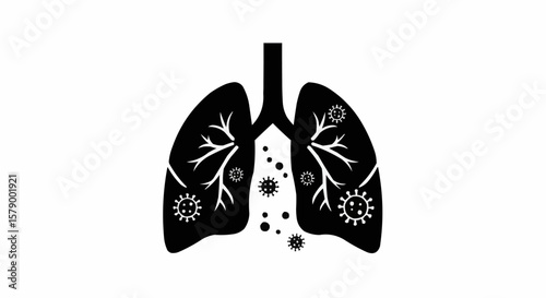 Illustration of lungs with virus particles inside and around them in black and white color scheme