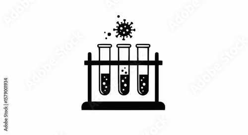 Black and white illustration of test tubes in a rack with a virus particle above and bubbles inside