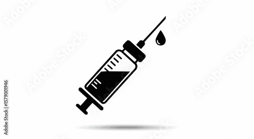 A black and white image shows a syringe with a needle and a droplet at the tip of the needle shown