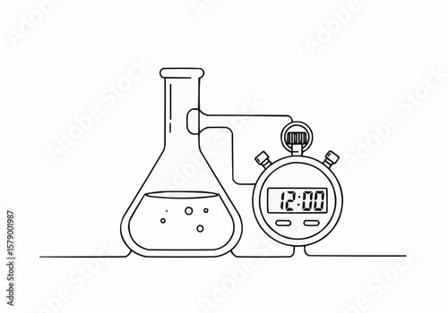 Illustration showing a flask with liquid and bubbles connected to a stopwatch displaying twelve o clock