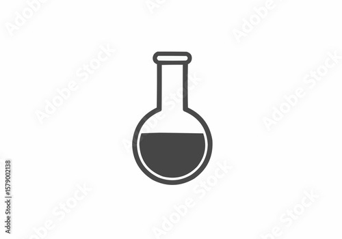 Illustration of a round bottom flask filled with a dark liquid on a white background view from front