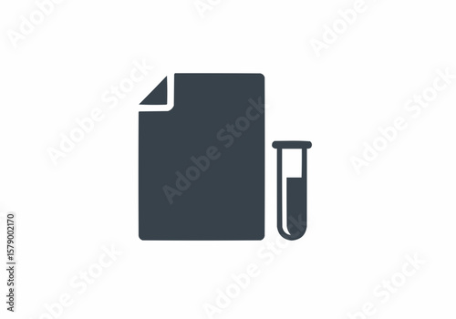 A document with folded corner and a test tube are displayed in a simple graphic illustration