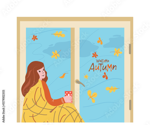 Girl looking out the window. Autumn season, leaf fall. View from the window. Cup of tea, coffee, hot drink. Hand lettering, Hello Autumn. Warm up. Warm blanket, plaid, cold season, cozi, home comfort.