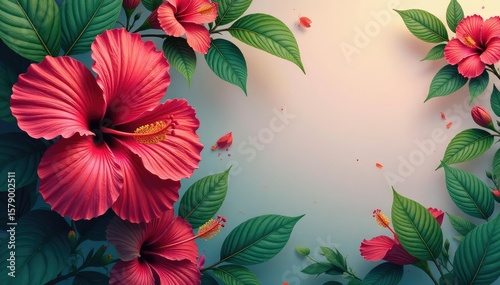 Bold hibiscus blooms, lush tropical leaves, vibrant colors, garden, floral wallpaper, bloom