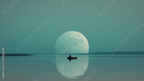 Enormous Moon Reflecting on a Serene Lake with a Rowing Person