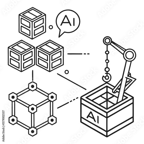 A I robotic arm processing data cubes and molecular structure