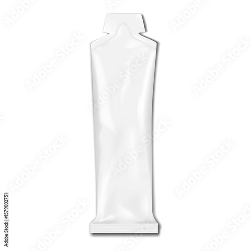 Easy open shaped stick packet. Realistic 3d vector mockup. White blank long pouch package with tear notched top. Mock-up. Small plastic bag. Individual single dose packaging. Template for design