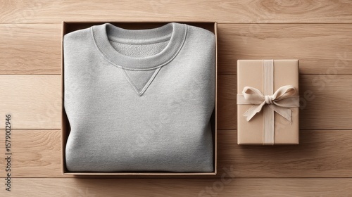 Sweatshirt mockup folded and placed inside a gift box with wrapping paper and ribbon, holiday season apparel marketing