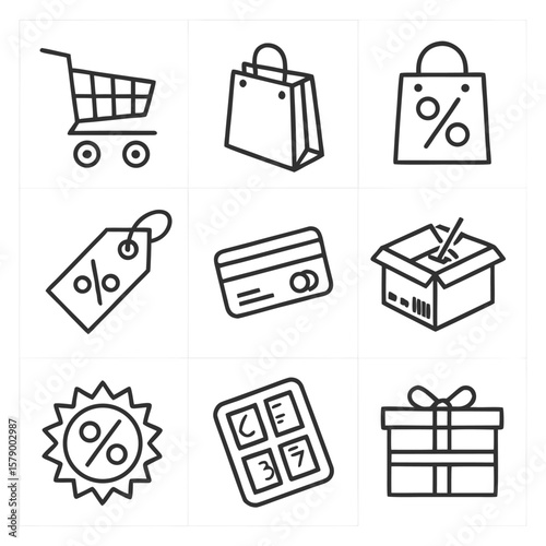 Shopping icons discount credit card gift box and cart