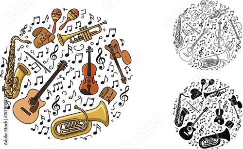 Vector illustration of musical instruments with notes for music school and band concept design