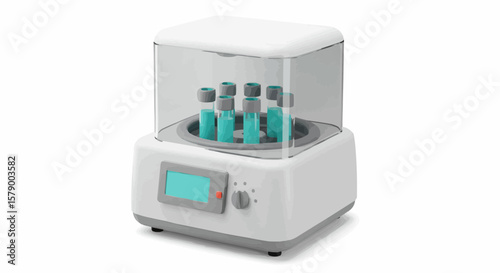 A white laboratory incubator with several vials of blue liquid inside of it on a white background