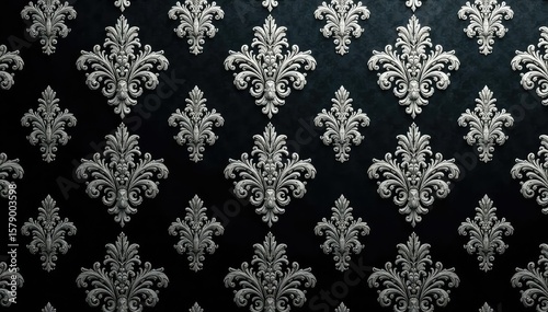 Large-scale damask pattern, bold, silver on black, silver, background