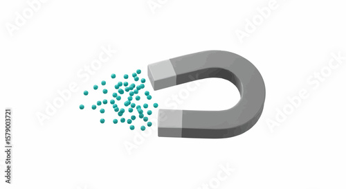 A horseshoe magnet attracting a cluster of small teal spheres on a white background illustration