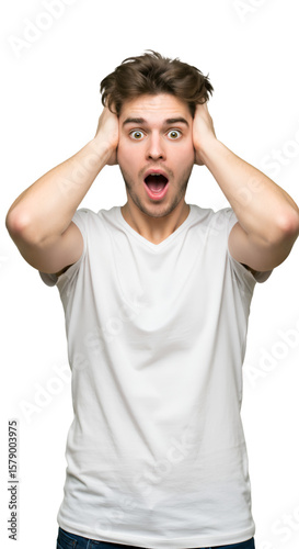 Isolated Portrait of a Shocked Young Man with Hands on Head on Transparent Background
