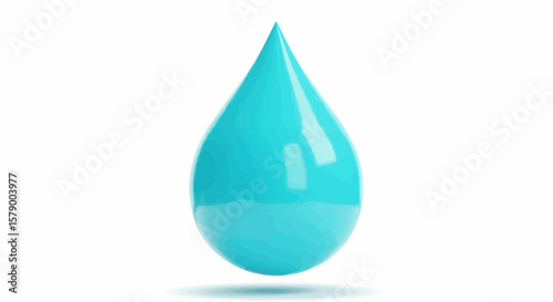 A shiny turquoise water droplet with a pointed tip standing against a white background in studio shot