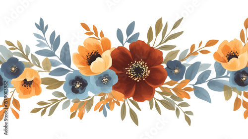 Autumnal floral border design with muted tones of orange, burgundy, and blue.