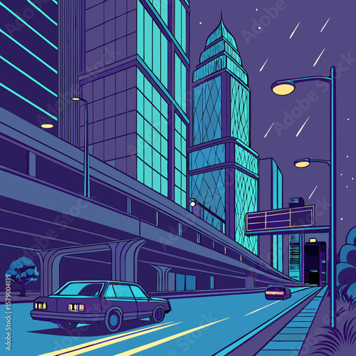 Generate a vibrant nighttime image of a glowing highway cutting through a futuristic city, showcasing speeding vehicles and city lights reflecting on wet asphalt.