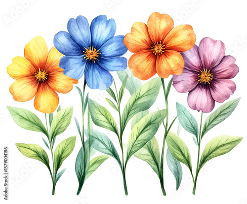 Watercolor illustration of four vibrant flowers in yellow, blue, orange, and pink, with green leaves and stems.